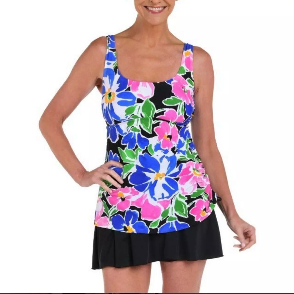 Maxine of Hollywood Swim Blue Pink Floral Tummy Control Tank Swim dress 10 NWT